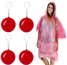 Load image into Gallery viewer, Discover the best emergency rain poncho with hood packaged in plastic keychain ball one size fits all commuter rain poncho survival kit accessory for travel backpacking picnics camping sporting outdoor events 4pk